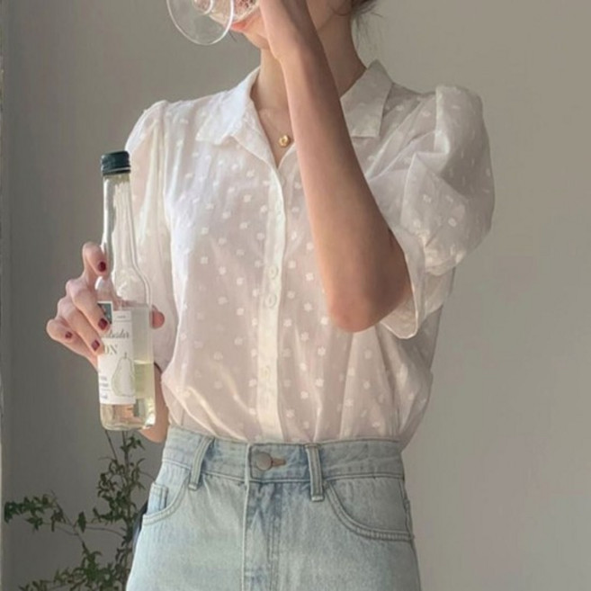 카라 청순 퍼프 시스루 셔츠 소매 반팔 여자 블라우스
