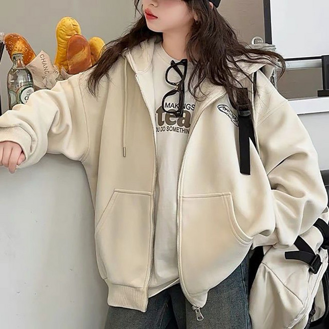 로르카 14세 이상 아동용 후드 지퍼 프린트 루즈핏 활동 편안 긴팔 자켓 P040725