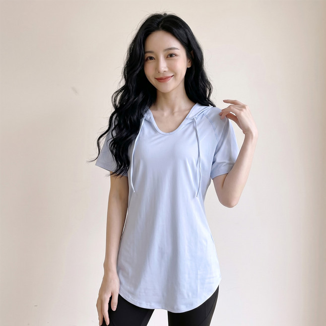 쿨쉐어 요가복 상의 여성 커버업 힙커버 요가 필라테스 옷 반팔 후드 티셔츠 롱티