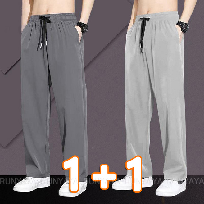 1+1 스판 남성 여름 바지 박사이즈 밴딩 팬츠 와이드 캐주얼 통바지 긴바지 봄 여을 가을 쿨바지 트레이닝 쿨링바지 D99U