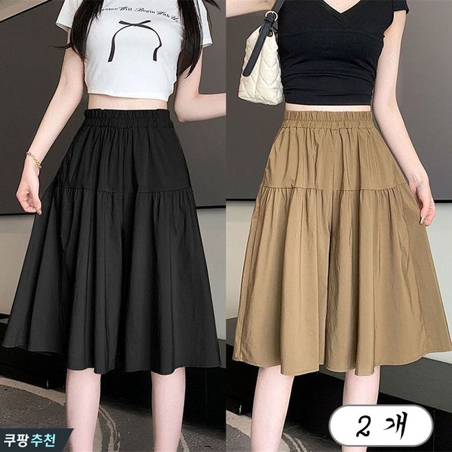 YLEMI 1+1 여성 여름 살랑 통 치마바지 밴딩 플레어 5부2p 세트