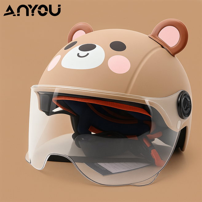 아동 귀여운 스타일의 자전거 헬멧 아동 킥보드 헬멧, 갈색+투명 렌즈, 1개