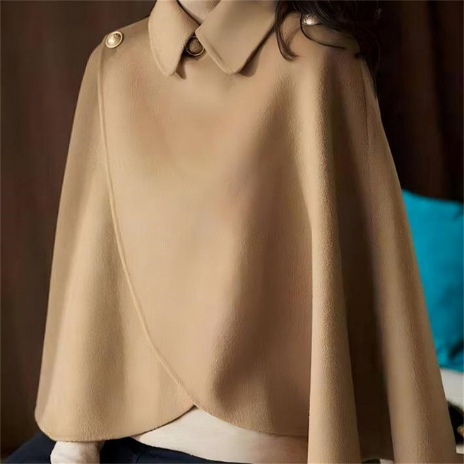 Vezri 여성용 가을 겨울 울혼방 케이프 코트 패션 우아한 디자인 넓은 핏 골드 버튼 포인트