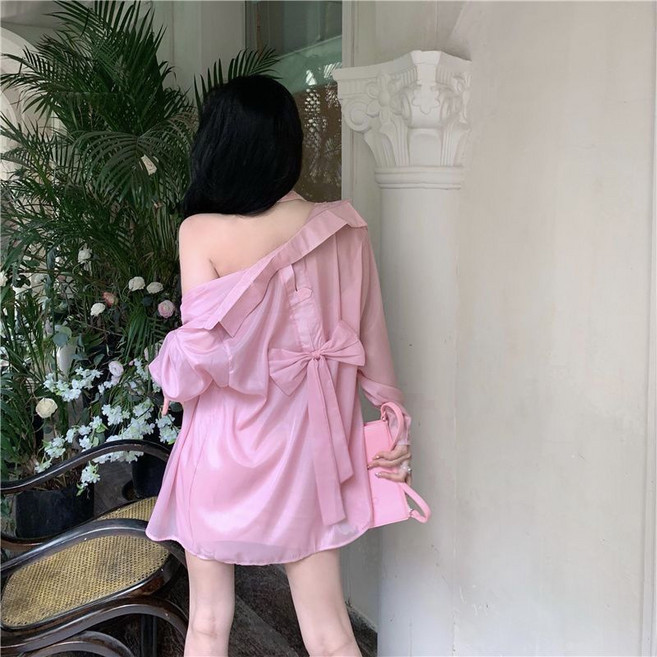 薄款微透長袖防曬開衫後背開叉系帶藍色襯衫女夏時尚休閒襯衣外套