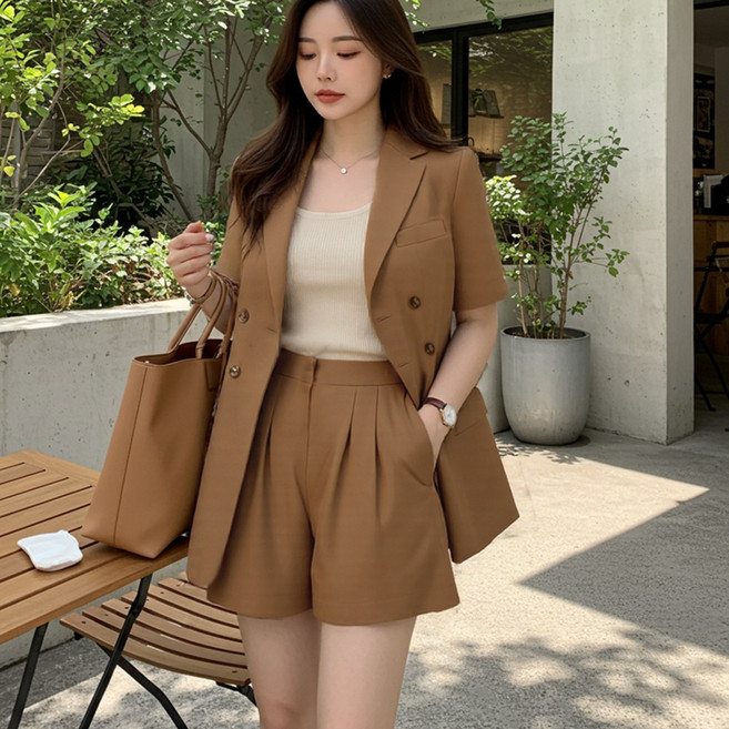 [set] 린넨 여성 투피스 반팔 더블 버튼 자켓 반바지 세트 숏팬츠 셋업