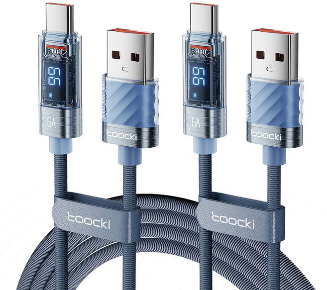 Toocki LED 디스풀레이 제2대 투명 C타입 고속 충전케이블, 2m, 블루, 2개