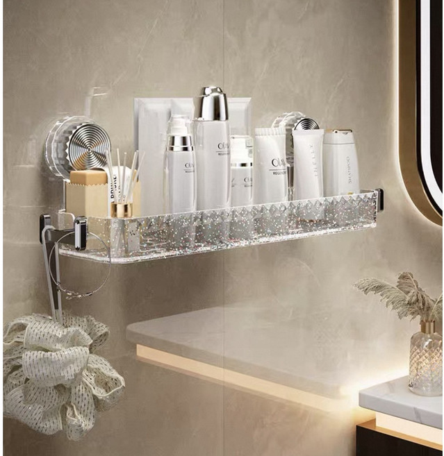 [도톤앤보리] 무타공 강력 진공 흡착 욕실 선반 화장대 정리대 투명 글리터, 1개