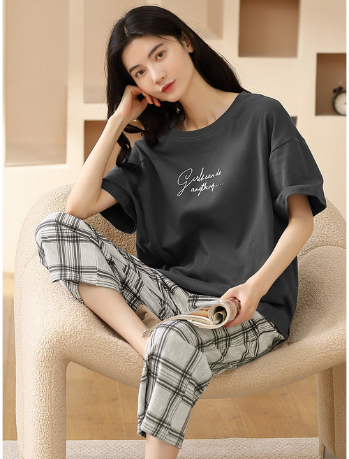 BAJAOEY(바자오이) 여름 여성 잠옷 세트 면 반팔 티셔츠 + 7부 바지 캐주얼 2종 세트 시원한 홈웨어
