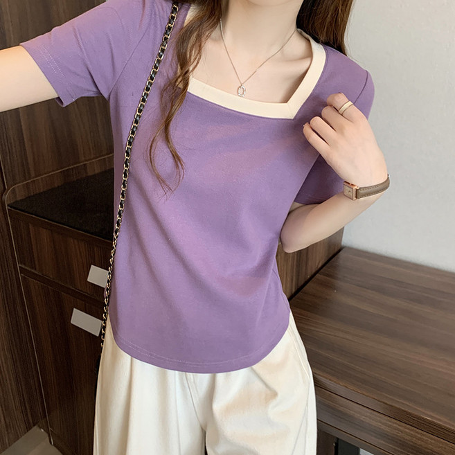 夏裝新款胖mm大碼女時尚百搭撞色方領正肩短袖T恤