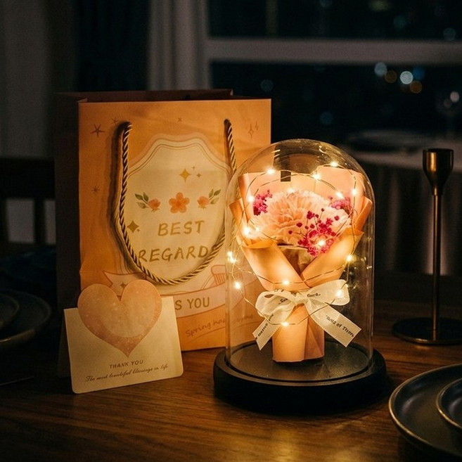 LED 어버이날 카네이션 무드등 핑크 비누꽃다발 유리돔 장식 - 스승의날 감성 선물세트, 1개
