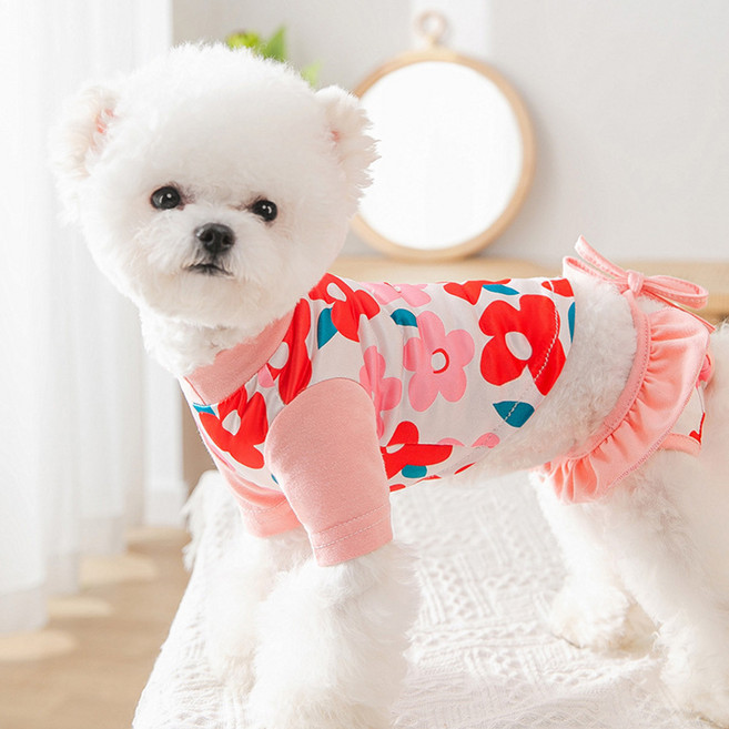 펫보스 강아지옷 꽃무늬 수영복 래쉬가드 세트, 핑크, 1개