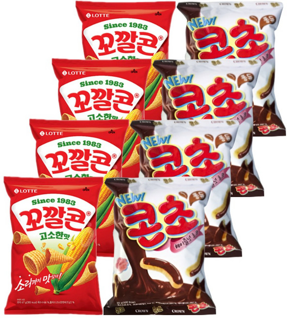 롯데 크라운 스낵모음 꼬깔콘 고소한맛 67gx4개+콘초 66gx4개 (총8개), 1세트, 532g