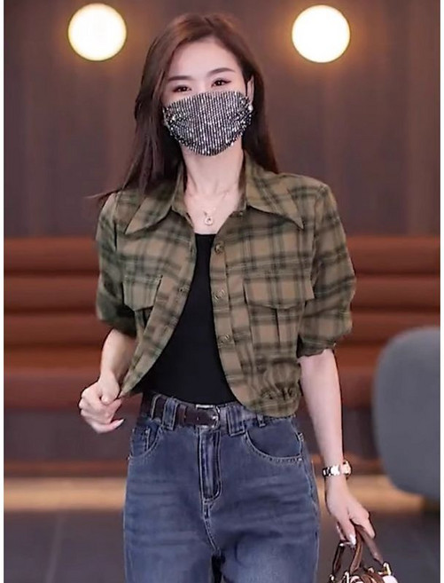 時尚格子短款襯衫 百搭氣質上衣