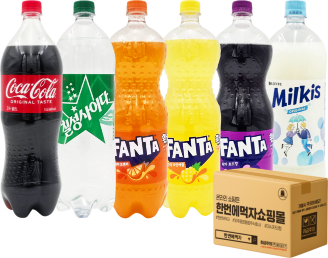 [한번에먹자] 대용량 탄산세트 6종 혼합 (코카콜라 + 칠성사이다 + 환타오렌지 + 환타파인애플 + 환타포도 + 밀키스) 사무실음료 가정용 업소용 당구장 노래방 식자재, 6개, 1.5L