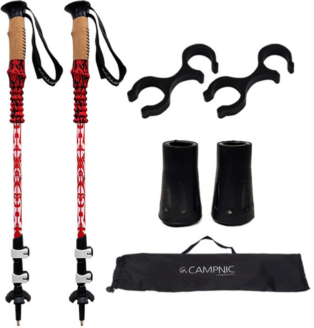 CAMPNIC 3단조절 초경량 두랄루민 7075 등산스틱 세트(2P) + 연결고리 + 촉마개 + 파우치 등산용 경량 스틱 트레킹폴 노르딕워킹 폴대 지팡이, 1세트, 레드
