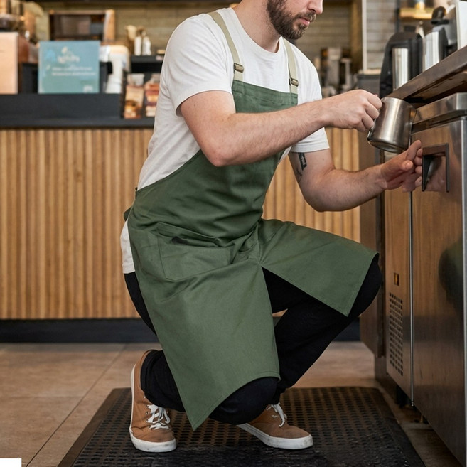 여성 여름 호텔 어린이집 주방 네일샵 카페 예쁜 원피스형 끈조절 면 린넨 프릴 빅사이즈 앞치마, 1개, 카키