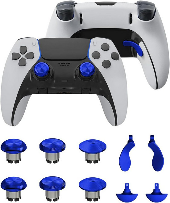 CHAM FOCUS PS5 엣지 컨트롤러용 금속 엄지 스틱 및 백 패들 듀얼 센스 모듈용 아날로그 캡 교체 키트 조이스틱 6개 버튼 4개 실버, Blue