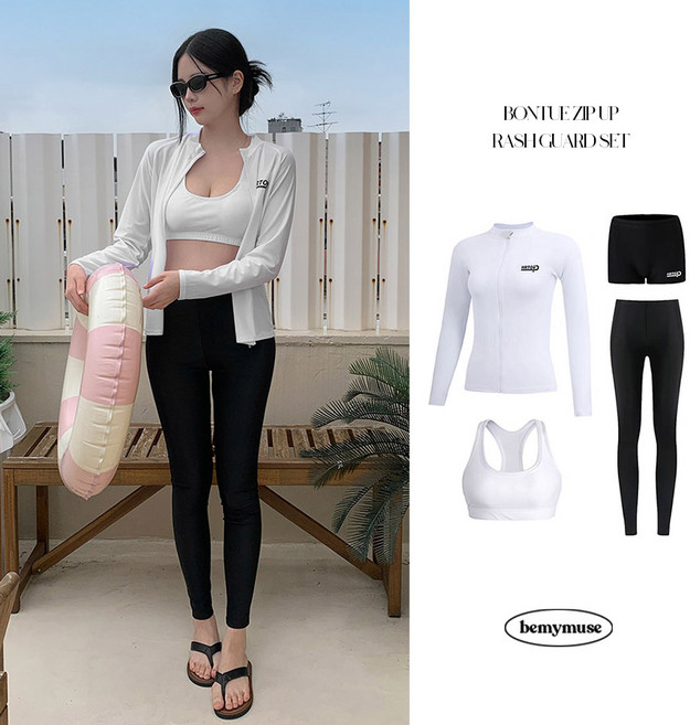 [4피스SET] 본튜 긴팔 집업 래쉬가드 반바지 물놀이 수영복 세트, 화이트