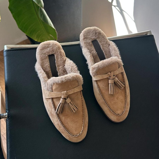 가죽 스웨이드 테슬 퍼블로퍼 겨울 뮬블로퍼