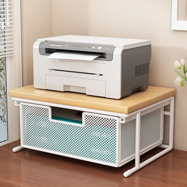 프린터선반 메쉬수납 스탠드형 사계절 우드상판 철제프레임 사무실 책상정리 수납선반, 1개, 화이트+ 원목색
