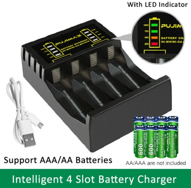 PUJIMAX 8슬롯 배터리 충전기 적합한 1.2V AAA/AA 충전식 단락 보호 LED 디스플레이 NiMH/NiCd, 01 BLACK