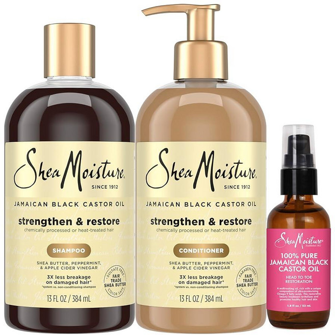 SheaMoisture 강화 및 복원 샴푸 컨디셔너 및 머리부터 발끝까지 복원 바디 케어 오일 자메이카 블랙 캐스터 오일 건성 피부 및 모발 피부 및 헤어 케어 요법 시어, SheaMoisture 강화 및 복원 샴푸, 컨디셔너