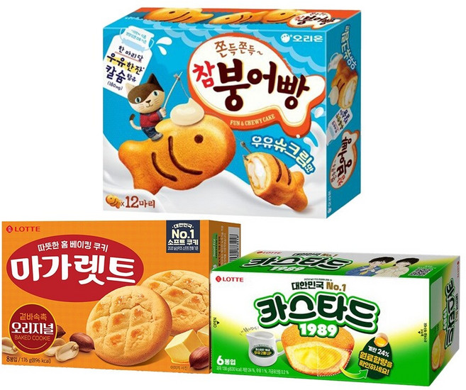 참붕어빵 우유슈크림맛 348g x1개+카스타드 138g x1개+마가렛트 176g x1개, 662g