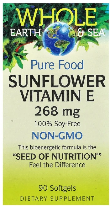 내추럴 펙터스 Whole Earth Sea 해바라기 비타민E 268mg 소프트젤 90정, 1개 - 쿠팡