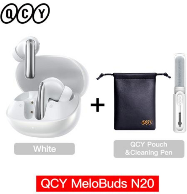 [호환] QCY 멜로버즈 N20 HT20 무선 블루투스 6.0 이어폰 -50dB 적응형 ANC 13mm 드라이버 헤드셋 6개의 마이크 HD 통화 이어버드 40시간, 14)White wiht PouchPen