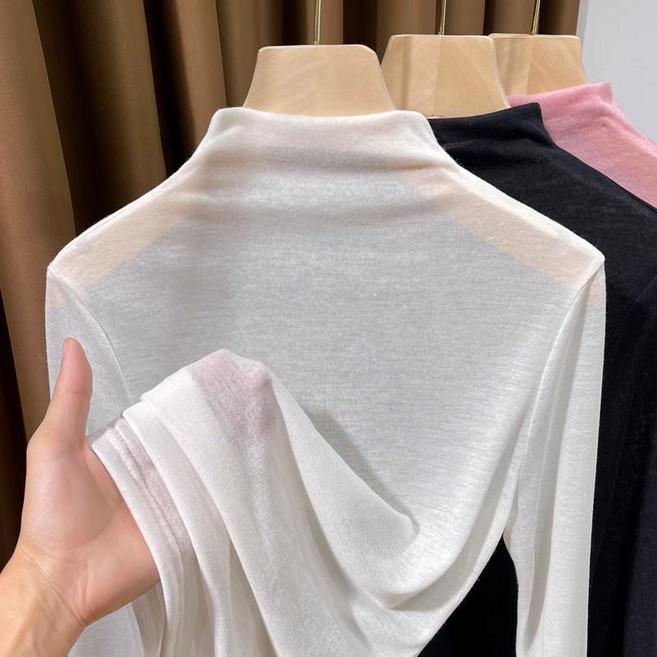 여성 긴팔 티셔츠 캐주얼 봄 여름 긴팔티 상의 기질 슬림핏 여자 반폴라 티셔츠 CY