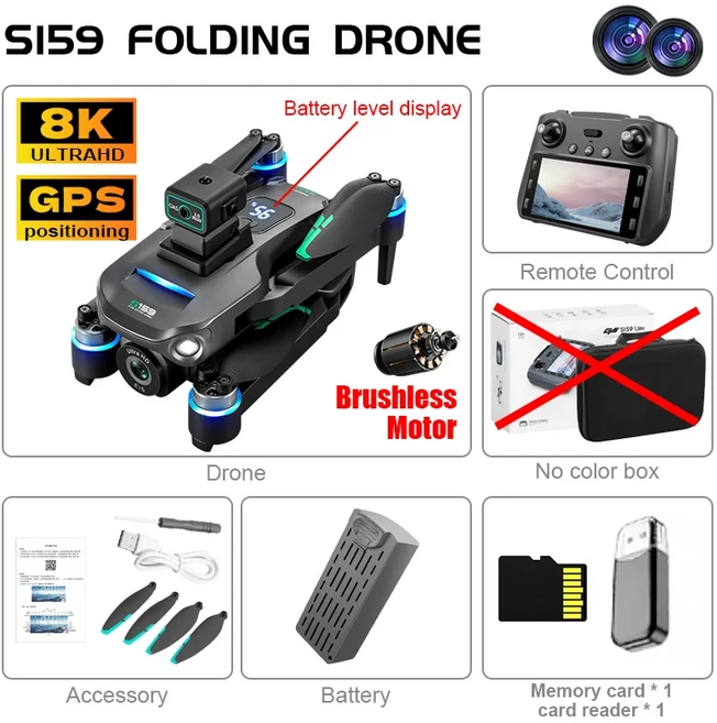 S159 드론 전문 8k HD 카메라 4축 스크린 원격 제어 5G WIFI GPS FPV 항공 사진 드론 RC 5000M, [03] S159-Black-GPS, 1개