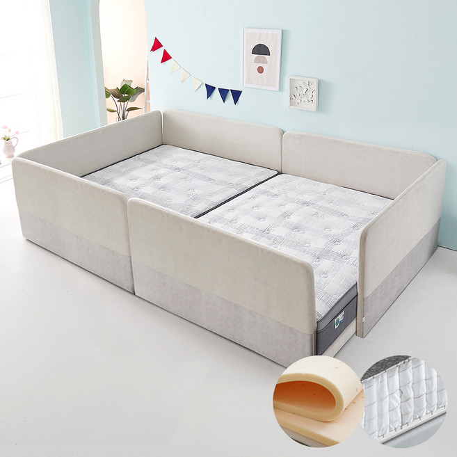 가이온 꽃잠 저상형 패밀리 가족침대, 1500둥지형_퀸+퀸_CL라텍스20T_크림연그레이