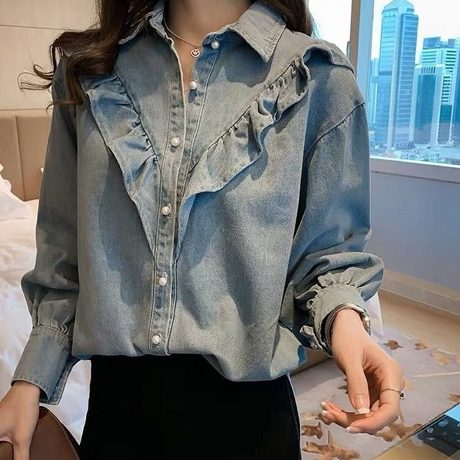 besteffie 여성 데님셔츠 솔리드컬러 리본셔링 디자인 셔츠 진주버튼 입체장식 포인트 상의 귀여운 스타일 K39