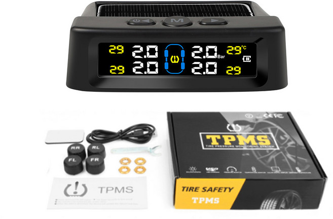 태양열 TPMS 자동차 타이어 압력 경보 디지털 컬러 디스플레이 4 개의 외부 센서 방수 온도 경고, 1개