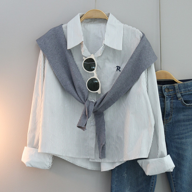 달콩 자수스트라이프셔츠숄세트 카라셔츠 긴팔 남방 데일리룩 오피스룩