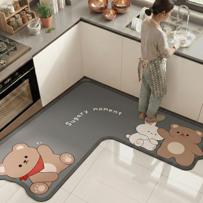 웨이백홈 귀여운 규조토 기역자 주방 발매트, 작은 곰돌이들