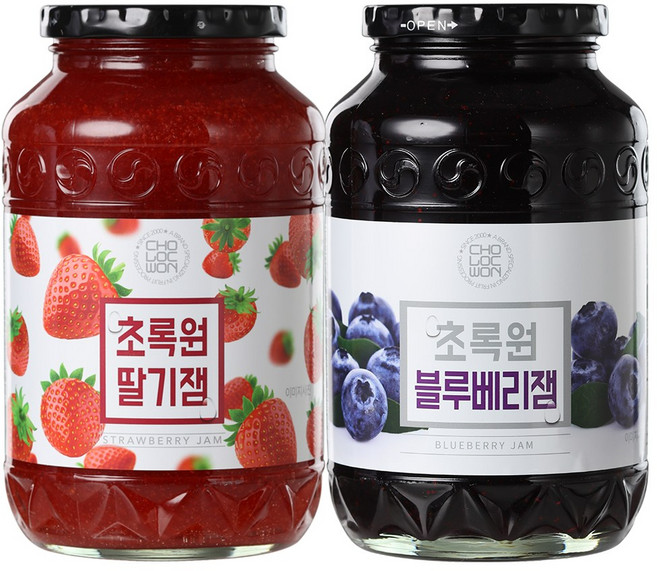 모래알마켓 초록원 딸기잼1kg+ 블루베리잼1kg 토스트 빙수토핑, 2개, 1kg