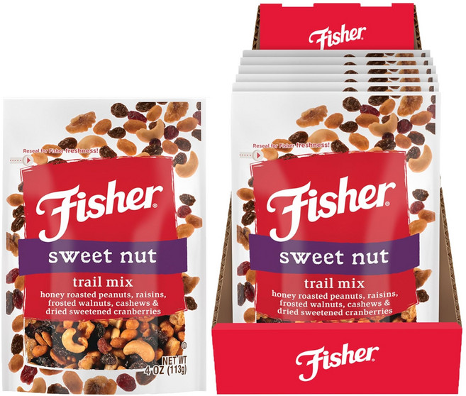 Fisher Snack Sweet Nut Trail Mix 4 oz (Pack of 6) Honey Roasted Peanuts Raisins Frosted Walnuts, 6개