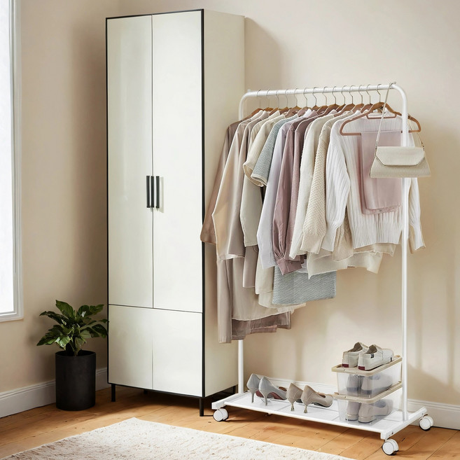 SONGMICS 튼튼한 다기능 수납 스탠드 이동식 철제 행거, 화이트