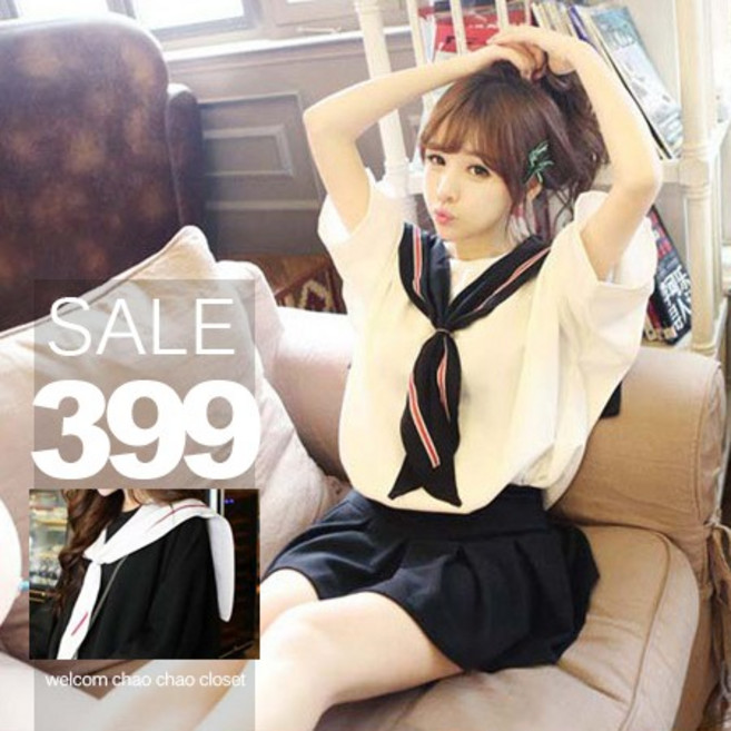 SISI 萌系女孩寬鬆海軍風水手服雪紡上衣