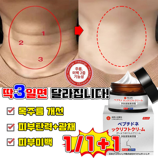 [일본개발] 1/1+1 목주름 크림 콜라겐 넥크림 목 주름 1위 괄사 목마사지 크림 넥케어 리프팅 탄력개선, 1개, 30g