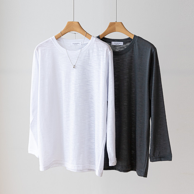 코코세븐 1+1 여성 빅사이즈 간절기 얇은 슬라브 시스루 라운드 박스 긴팔 티셔츠