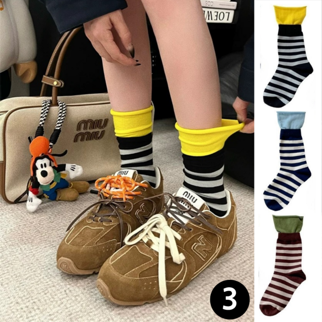 뮤네 데일리 일본 감성 스트라이프 중목양말 3켤레 세트