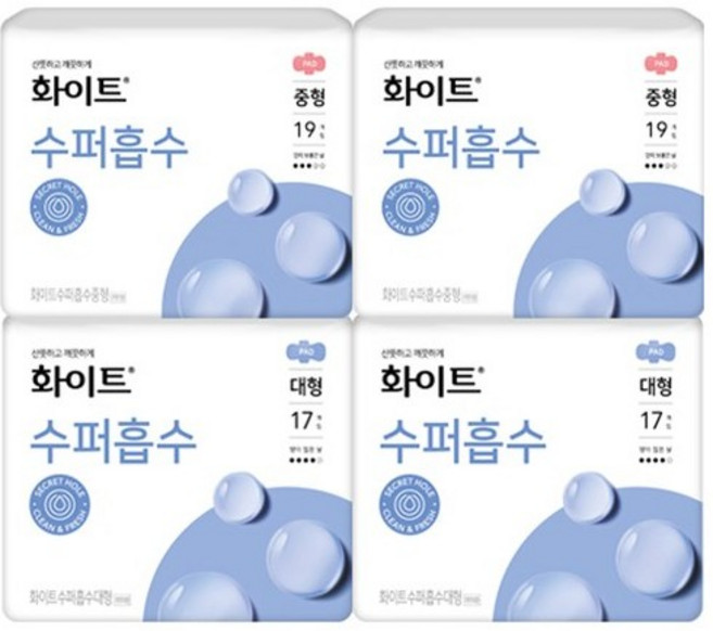 화이트 수퍼흡수 생리대 날개형 중형 19p x 2팩 + 대형 17p x 2팩, 18세트