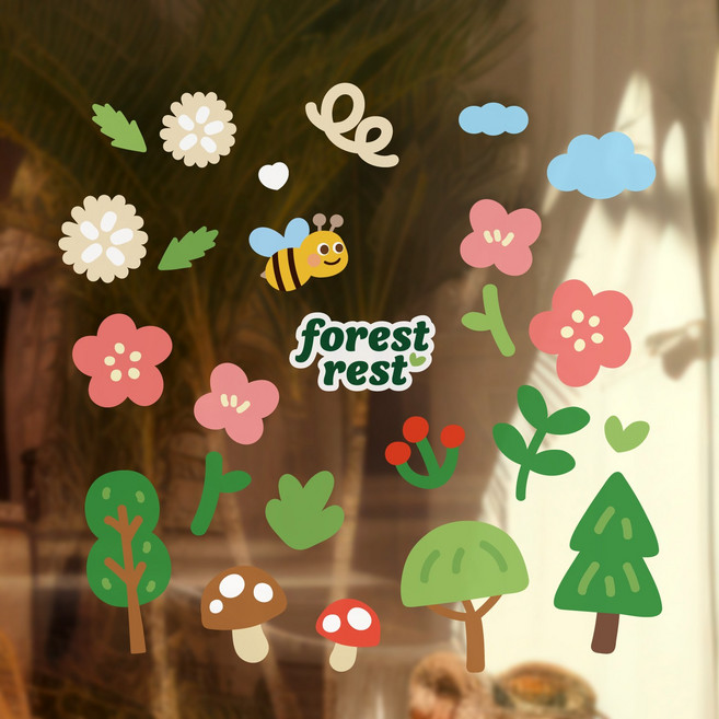 코코그린 봄 여름 디자인 유리 창문 데코 스티커 (방수가능 리무버블), 숲속의휴식