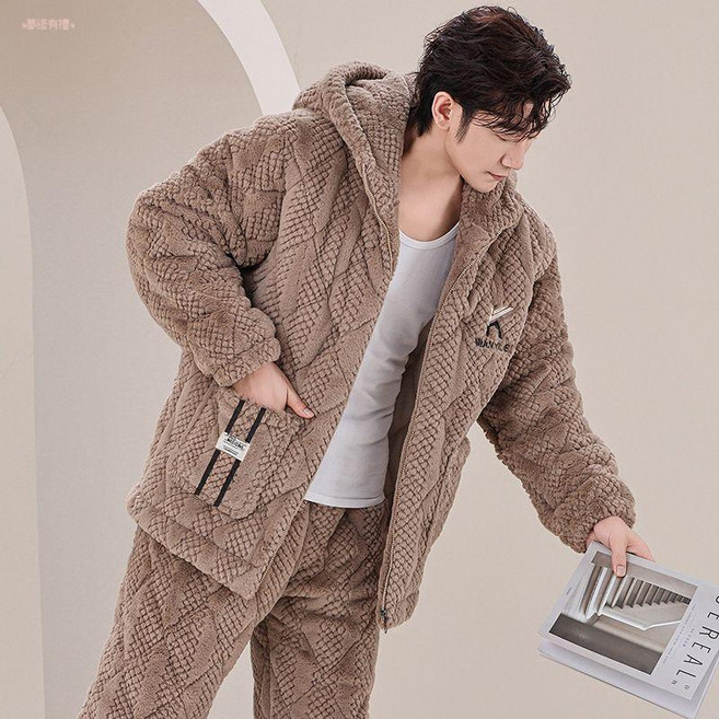 冬季睡衣男士珊瑚絨保暖加厚加絨法蘭絨連帽家居服套裝