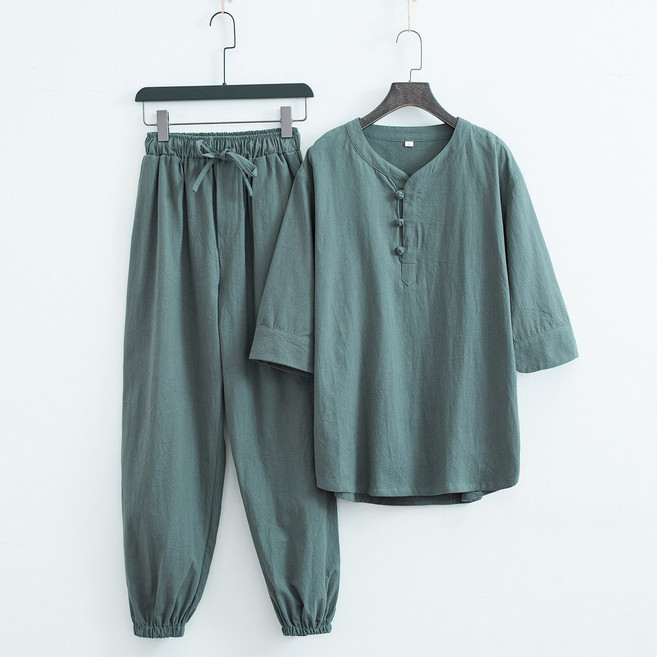 ORZQU 남성 생활한복 여름 반팔 개량한복 남성린넨셔츠 와이드팬츠 여름세트