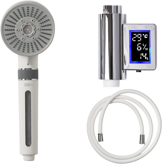 아토퓨어 필터 아기 샤워기+LED샤워기온도계+실리콘샤워호스 2m 온오프 수압조절, 샤워기+LED온도계+실리콘호스2m(화이트), 1세트