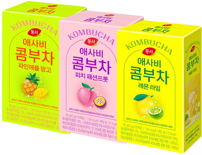 동서 애사비 콤부차 3종 각 1개씩 (파인애플망고+피치패션프롯+레몬라임), 3개, 10개입, 5g