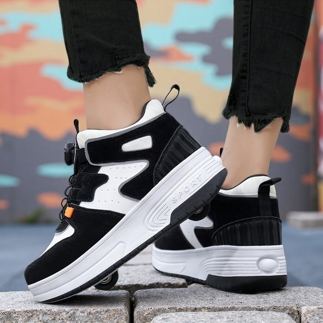 JINPEI 바퀴달린신발 운동화 더블 휠 운동화 변형 휠 남녀공용 운동화 탈착식 휠슈 인라인 스케이트 바퀴달린 신발 간편한 롤러슈즈 운동화 더블휠, 블랙, 1개